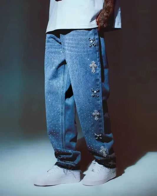 Novor Rhinestone Cross Baggy Jeans – Vintage Hip-Hop Streetwear