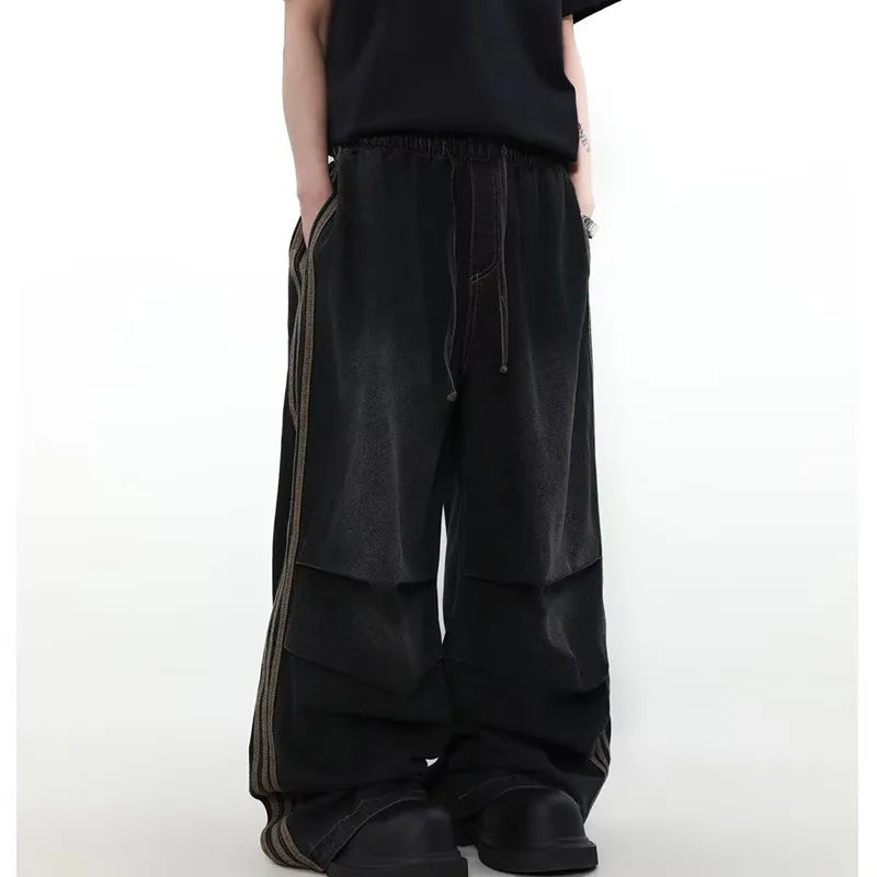 NOVOR Striped Pleated Baggy Jeans