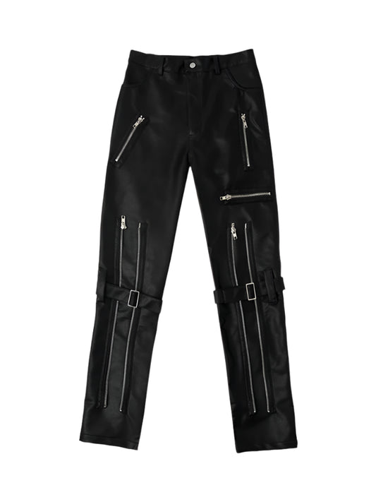 Novor Retro PU Leather Pants – Men's High-Street Zippered Trousers
