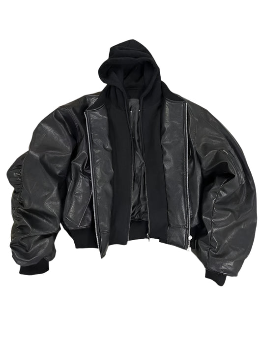 Novor Oversized PU Leather Bomber Jacket – Retro Streetwear Winter Coat